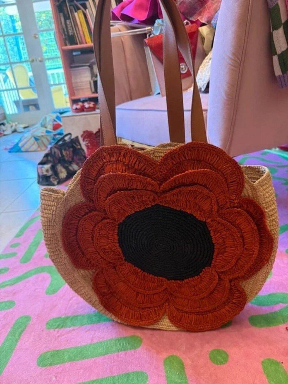 Orla Kiely petal flower round tote bag clementine woven